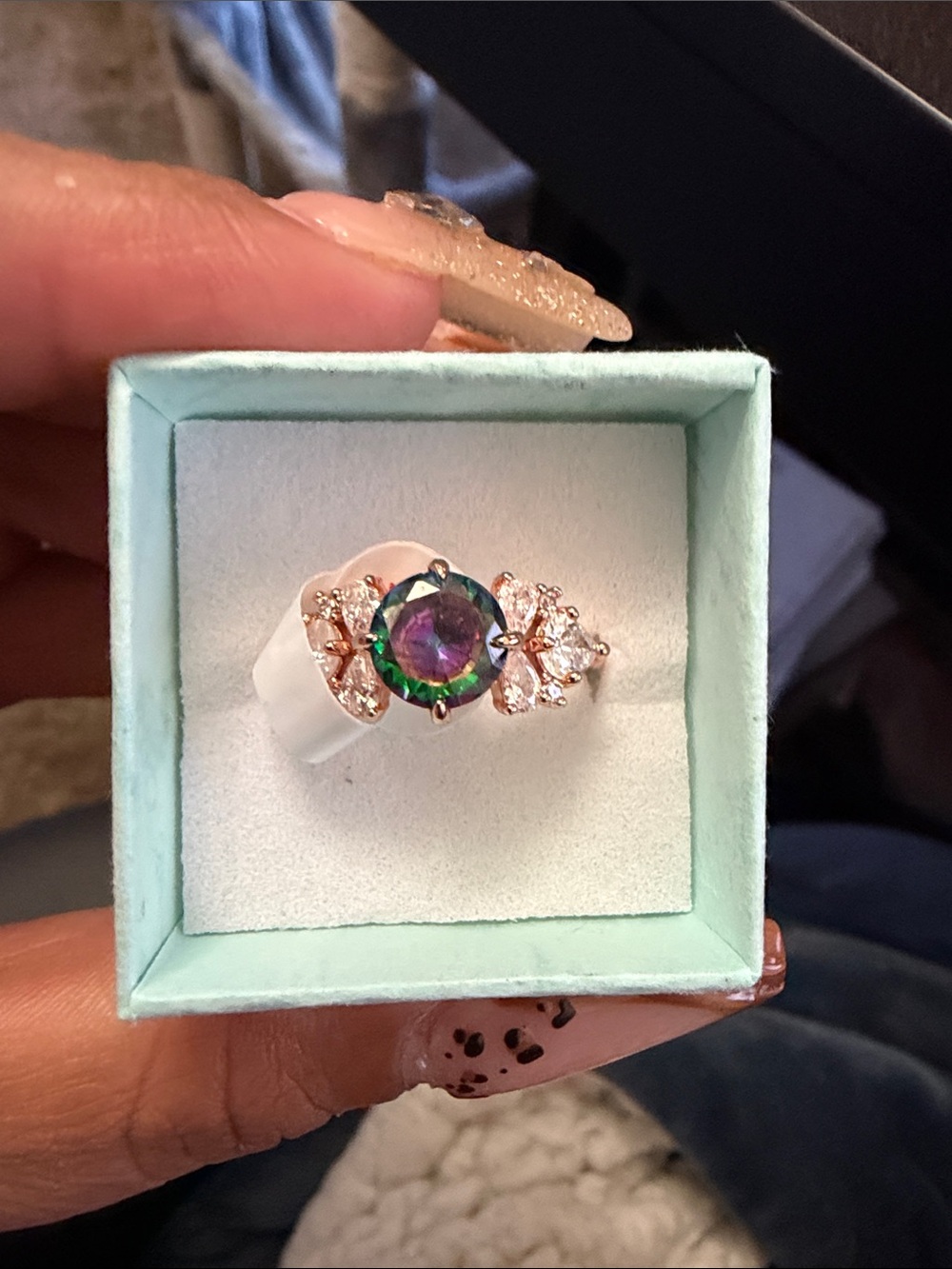 Rose Gold Mystic Topaz Ring with Clear Side Stones - Multi-color Center size 10